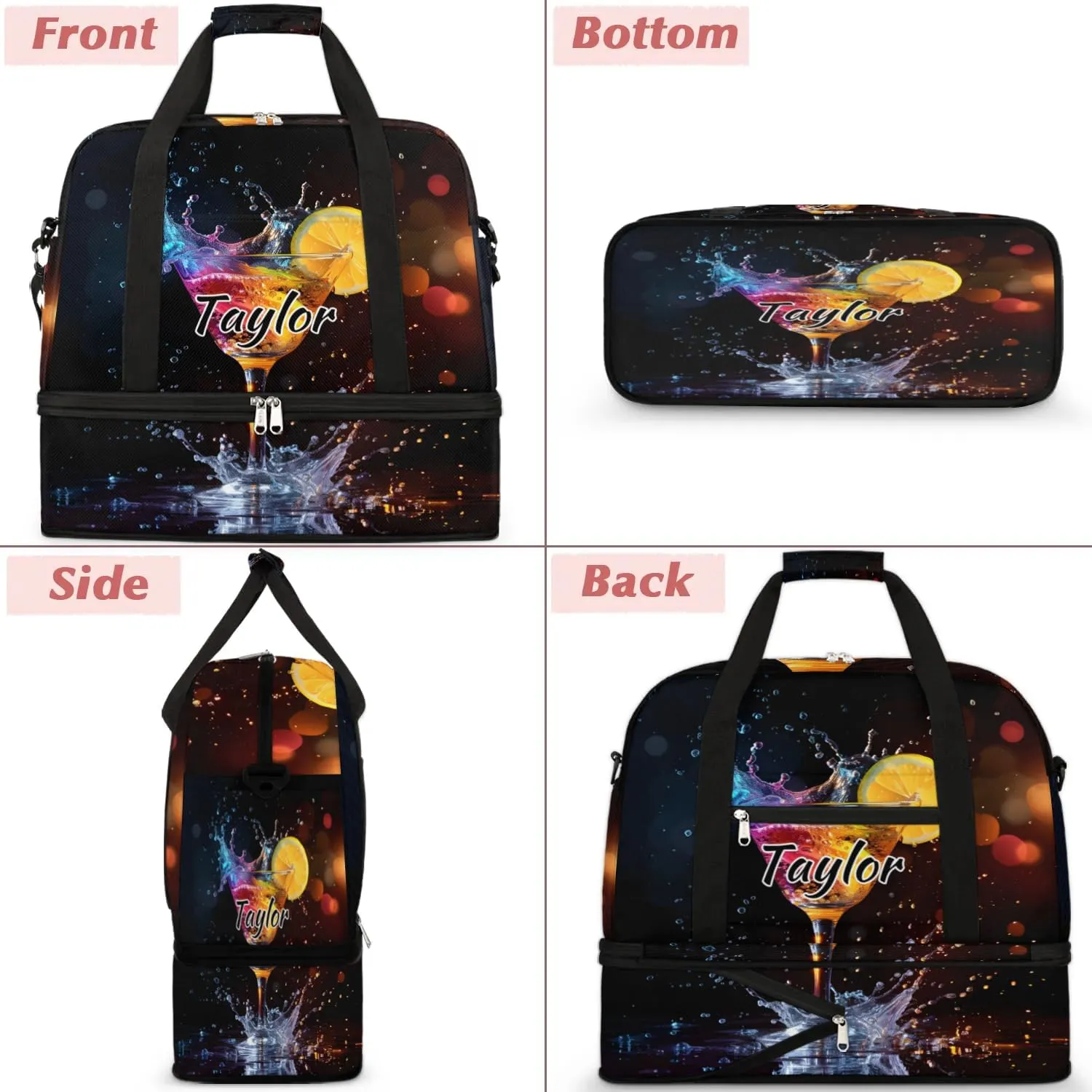 Personalized Duffel Bag with Name, Custom Cocktail Travel Sports Gym Yoga Beach Bag Customized Weekender Overnight Bag with Shoes Compartment for Women, Drinks