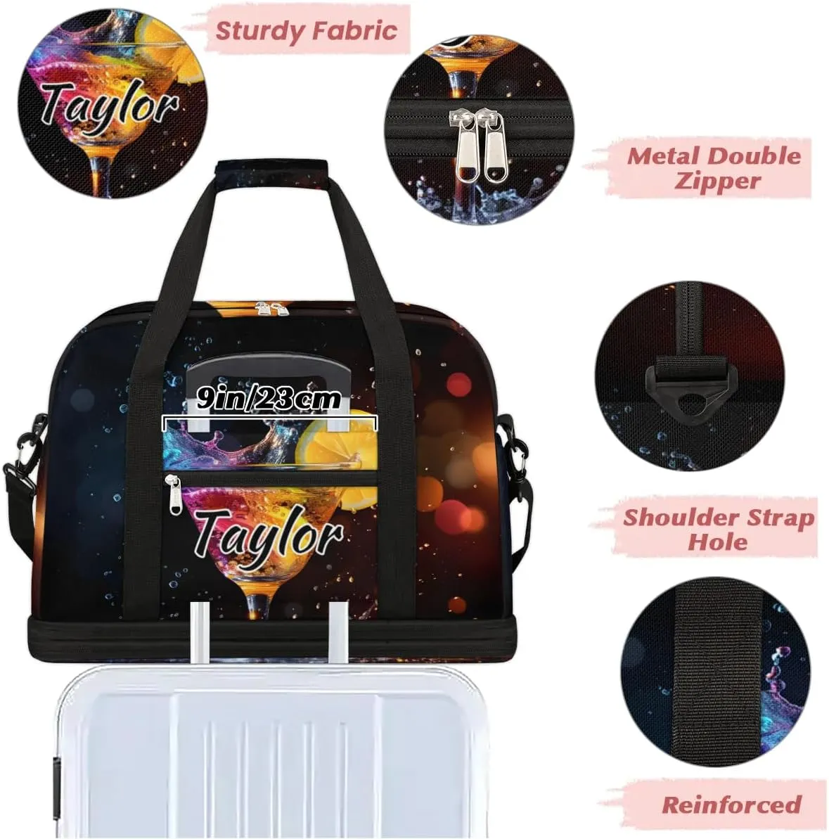 Personalized Duffel Bag with Name, Custom Cocktail Travel Sports Gym Yoga Beach Bag Customized Weekender Overnight Bag with Shoes Compartment for Women, Drinks