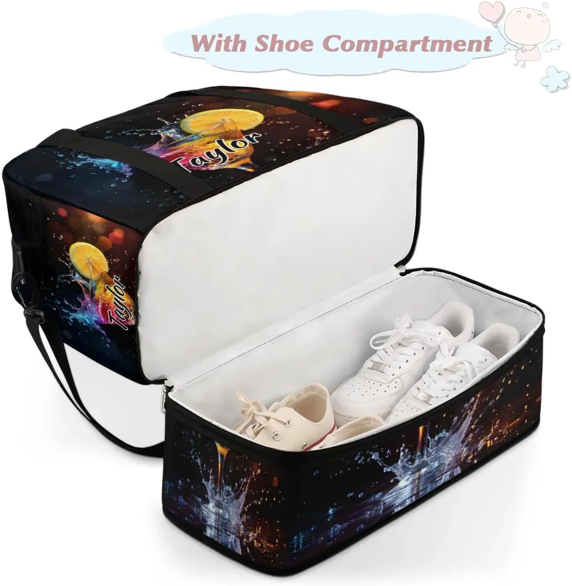 Personalized Duffel Bag with Name, Custom Cocktail Travel Sports Gym Yoga Beach Bag Customized Weekender Overnight Bag with Shoes Compartment for Women, Drinks