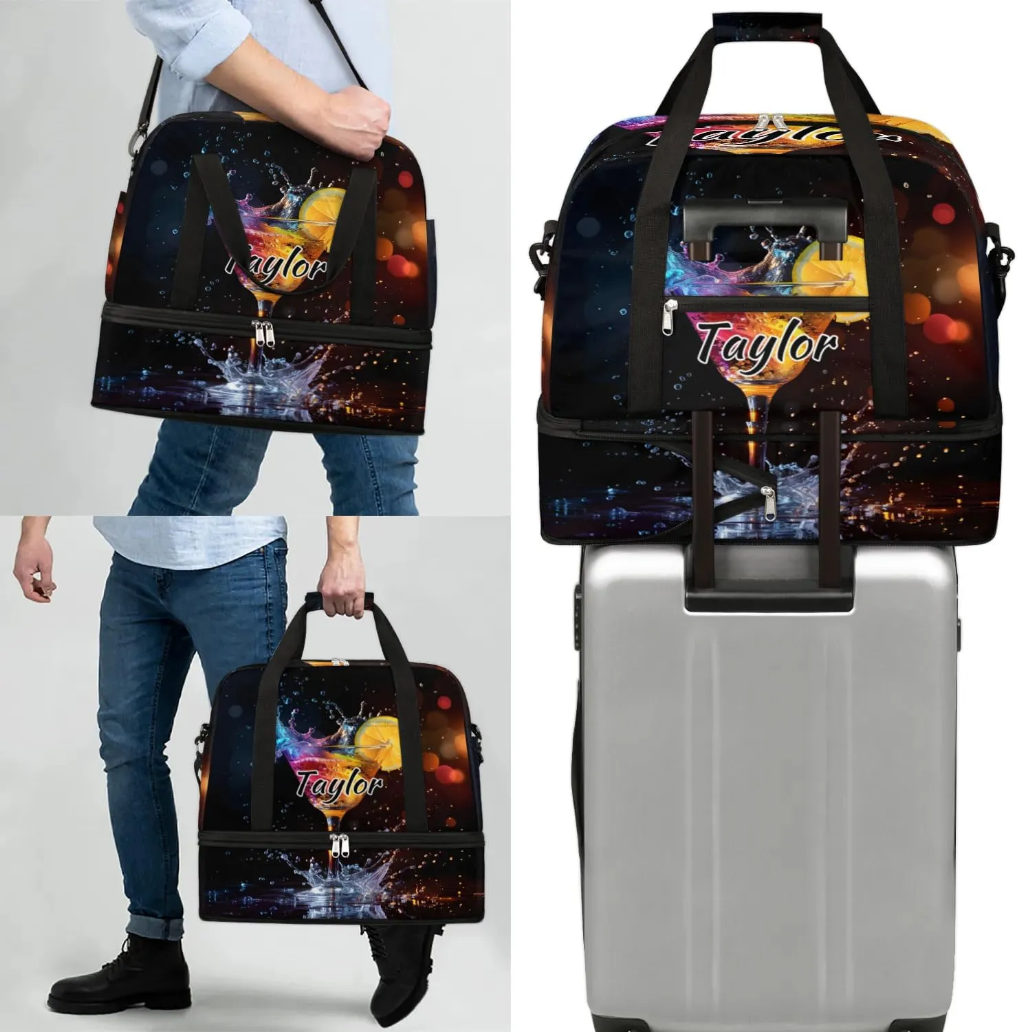 Personalized Duffel Bag with Name, Custom Cocktail Travel Sports Gym Yoga Beach Bag Customized Weekender Overnight Bag with Shoes Compartment for Women, Drinks