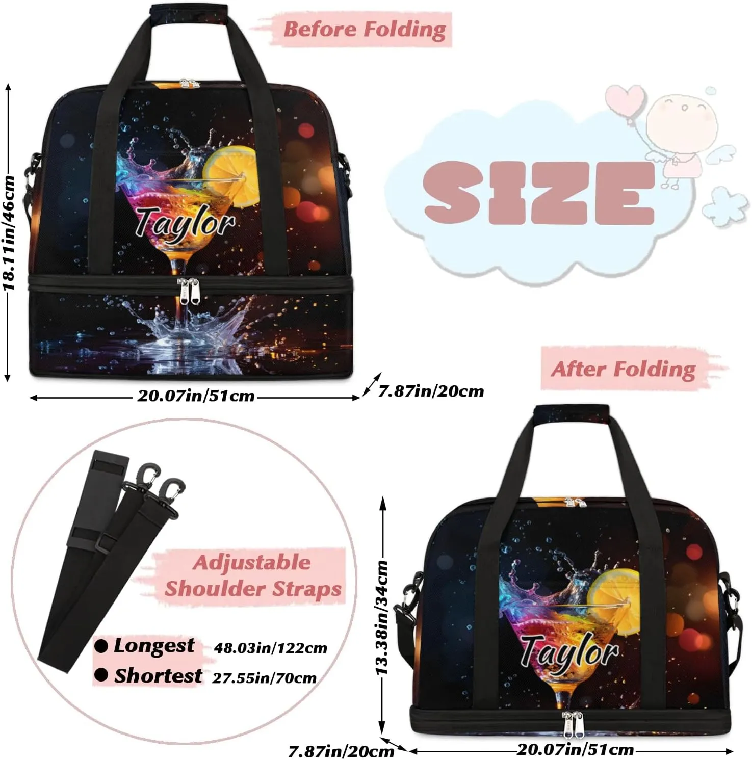 Personalized Duffel Bag with Name, Custom Cocktail Travel Sports Gym Yoga Beach Bag Customized Weekender Overnight Bag with Shoes Compartment for Women, Drinks