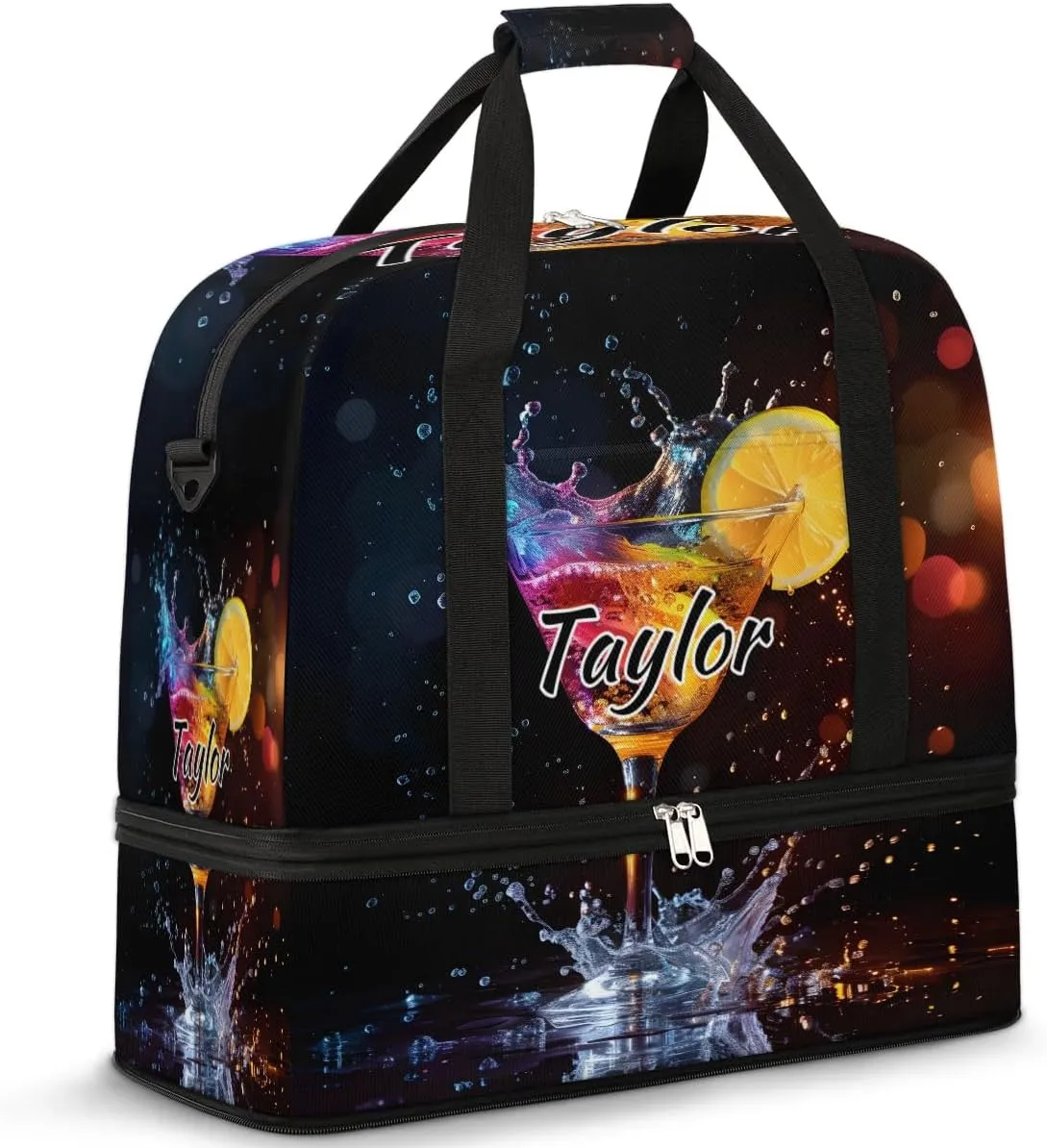 Personalized Duffel Bag with Name, Custom Cocktail Travel Sports Gym Yoga Beach Bag Customized Weekender Overnight Bag with Shoes Compartment for Women, Drinks