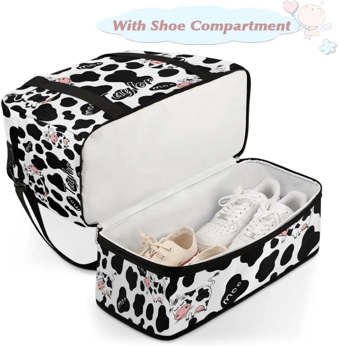 Personalized Duffel Bag with Name, Custom Cow Print Travel Sports Gym Yoga Beach Bag Customized Weekender Overnight Bag with Shoes Compartment for Women, Milk Cow Print