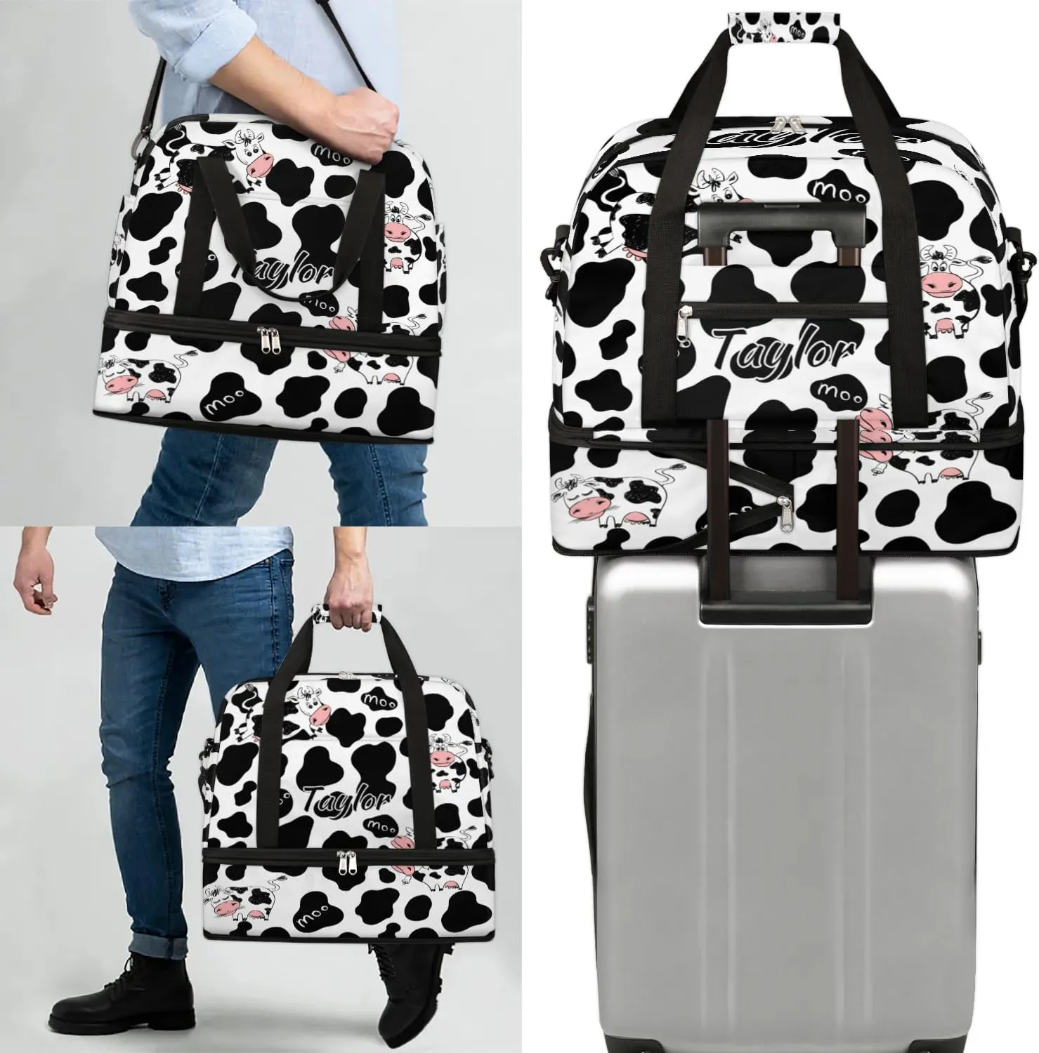 Personalized Duffel Bag with Name, Custom Cow Print Travel Sports Gym Yoga Beach Bag Customized Weekender Overnight Bag with Shoes Compartment for Women, Milk Cow Print