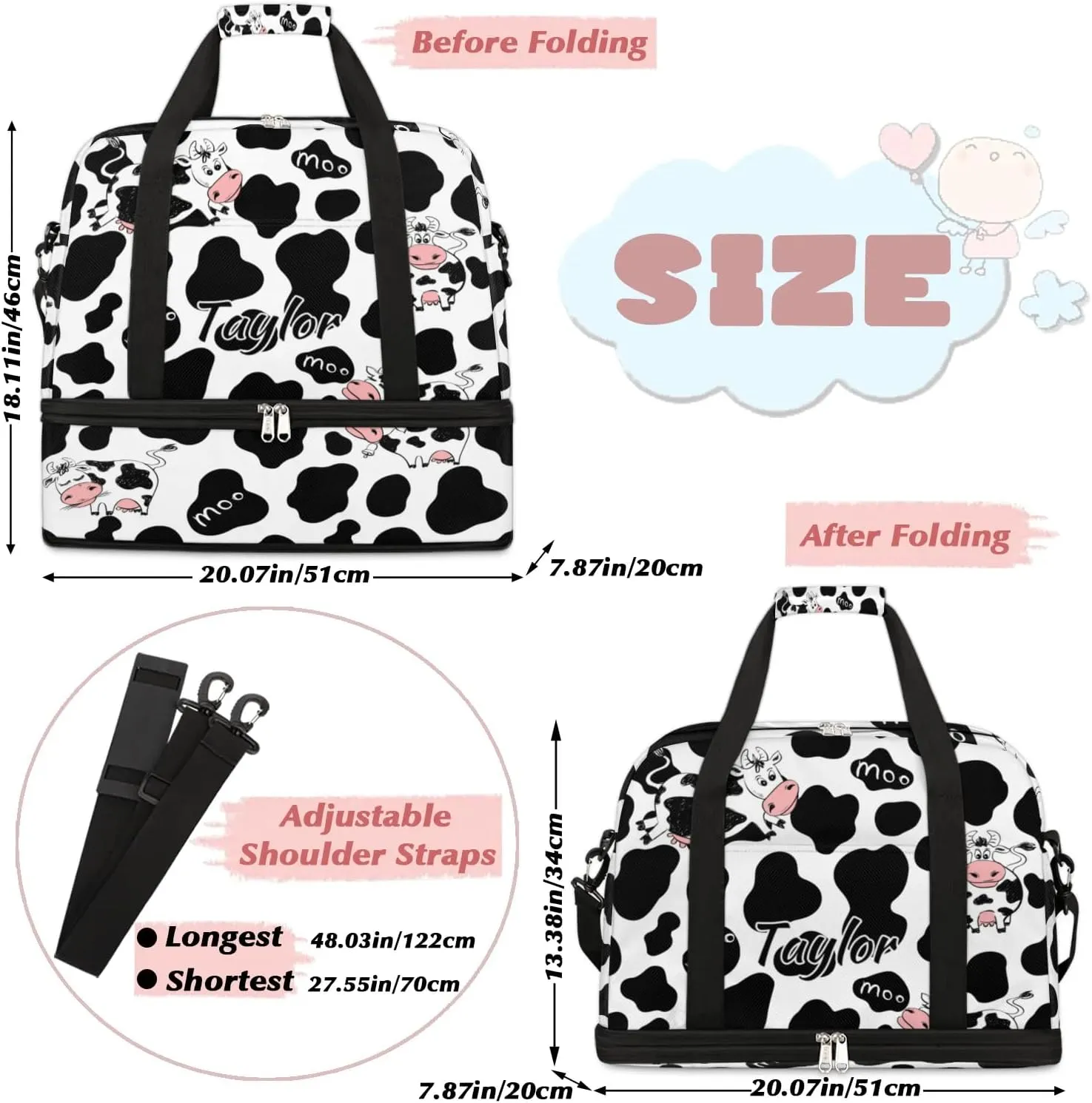 Personalized Duffel Bag with Name, Custom Cow Print Travel Sports Gym Yoga Beach Bag Customized Weekender Overnight Bag with Shoes Compartment for Women, Milk Cow Print
