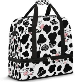 Personalized Duffel Bag with Name, Custom Cow Print Travel Sports Gym Yoga Beach Bag Customized Weekender Overnight Bag with Shoes Compartment for Women, Milk Cow Print
