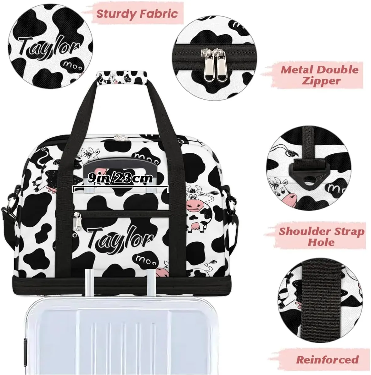 Personalized Duffel Bag with Name, Custom Cow Print Travel Sports Gym Yoga Beach Bag Customized Weekender Overnight Bag with Shoes Compartment for Women, Milk Cow Print