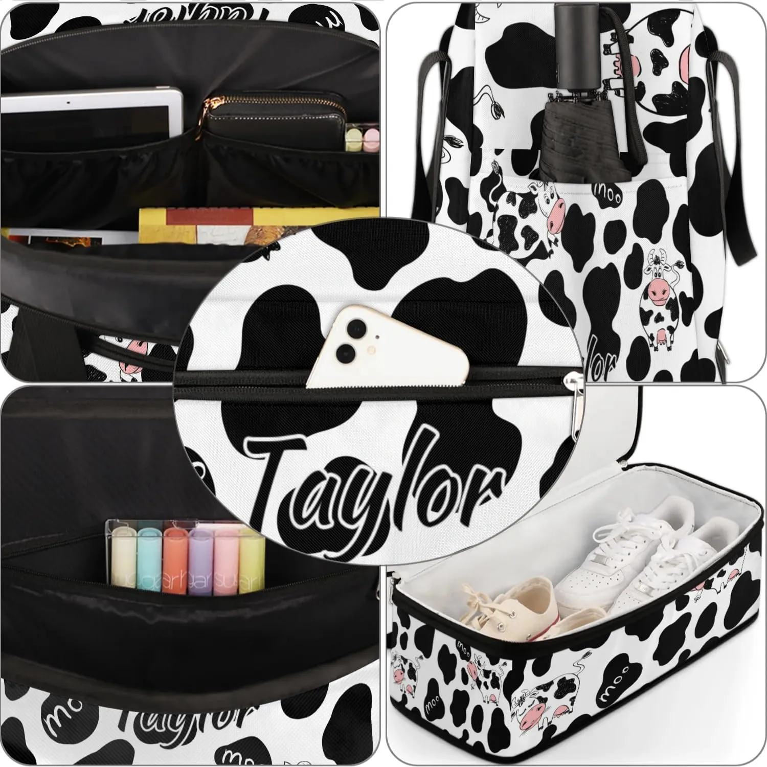 Personalized Duffel Bag with Name, Custom Cow Print Travel Sports Gym Yoga Beach Bag Customized Weekender Overnight Bag with Shoes Compartment for Women, Milk Cow Print