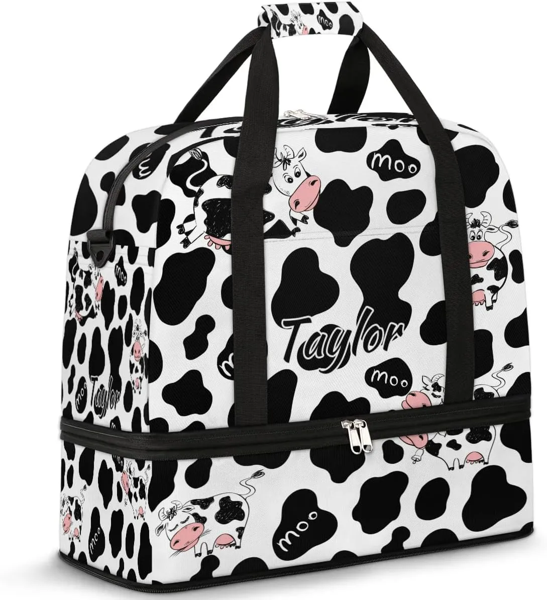 Personalized Duffel Bag with Name, Custom Cow Print Travel Sports Gym Yoga Beach Bag Customized Weekender Overnight Bag with Shoes Compartment for Women, Milk Cow Print