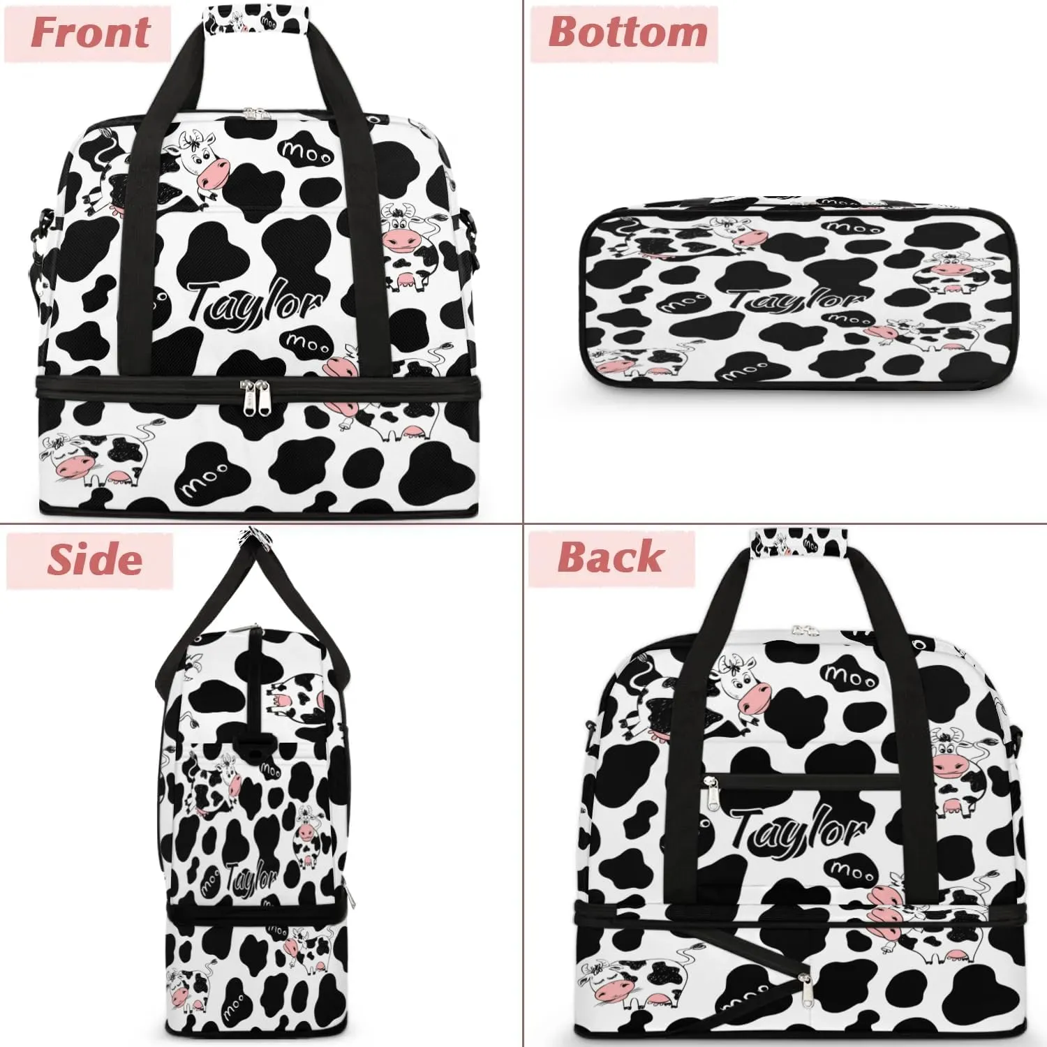 Personalized Duffel Bag with Name, Custom Cow Print Travel Sports Gym Yoga Beach Bag Customized Weekender Overnight Bag with Shoes Compartment for Women, Milk Cow Print