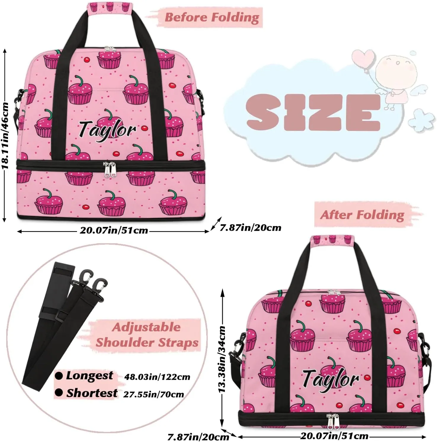 Personalized Duffel Bag with Name, Custom Cupcakes Travel Sports Gym Yoga Beach Bag Customized Weekender Overnight Bag with Shoes Compartment for Women, Sweets