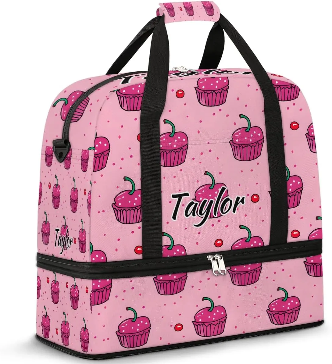 Personalized Duffel Bag with Name, Custom Cupcakes Travel Sports Gym Yoga Beach Bag Customized Weekender Overnight Bag with Shoes Compartment for Women, Sweets