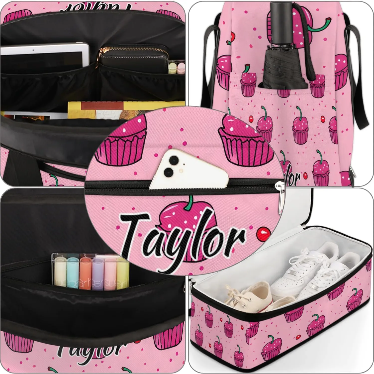 Personalized Duffel Bag with Name, Custom Cupcakes Travel Sports Gym Yoga Beach Bag Customized Weekender Overnight Bag with Shoes Compartment for Women, Sweets