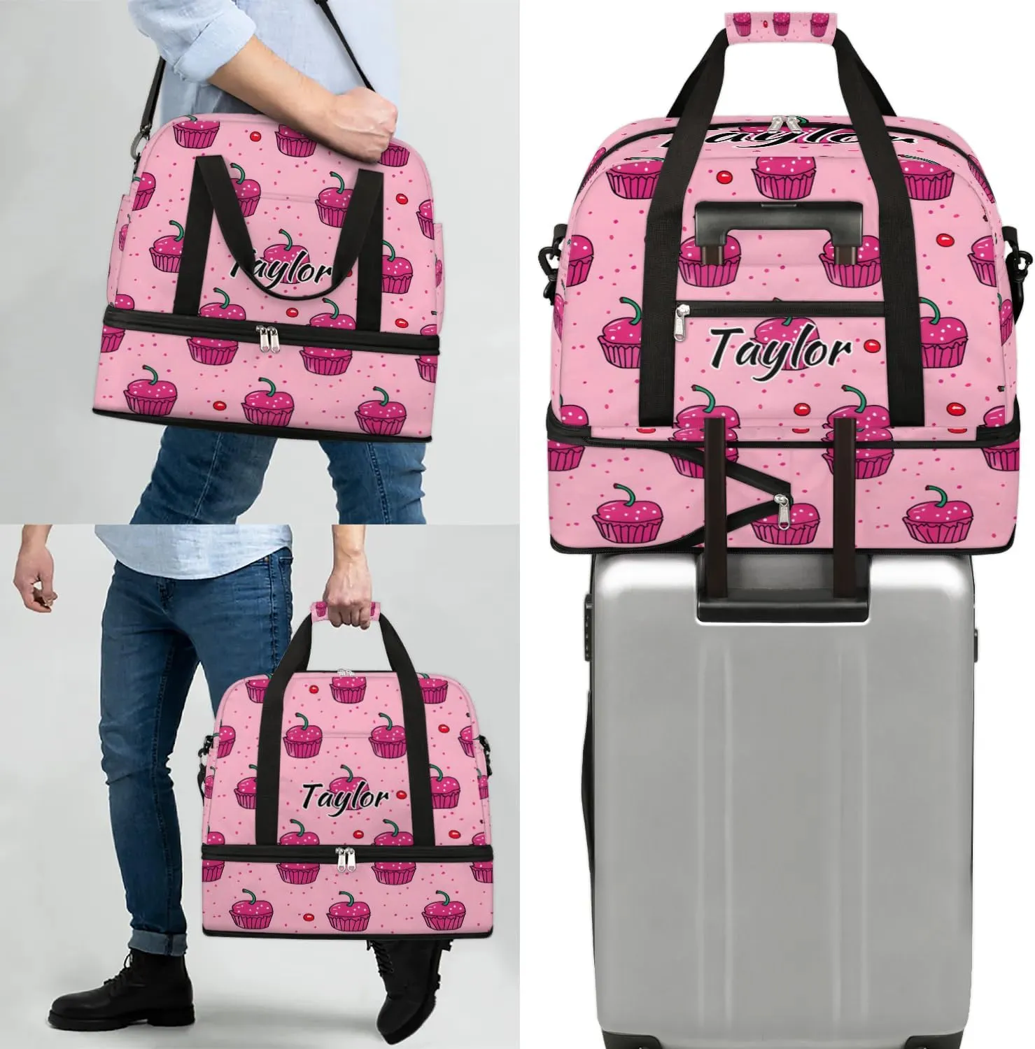 Personalized Duffel Bag with Name, Custom Cupcakes Travel Sports Gym Yoga Beach Bag Customized Weekender Overnight Bag with Shoes Compartment for Women, Sweets