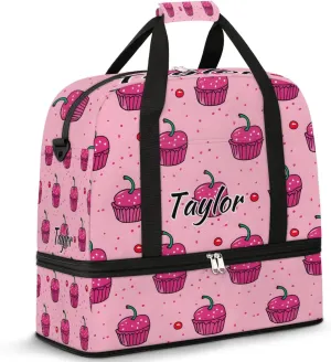 Personalized Duffel Bag with Name, Custom Cupcakes Travel Sports Gym Yoga Beach Bag Customized Weekender Overnight Bag with Shoes Compartment for Women, Sweets