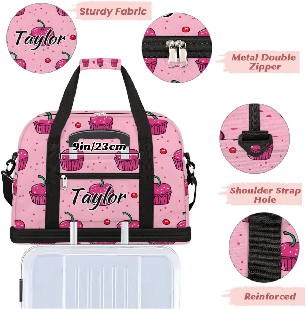 Personalized Duffel Bag with Name, Custom Cupcakes Travel Sports Gym Yoga Beach Bag Customized Weekender Overnight Bag with Shoes Compartment for Women, Sweets