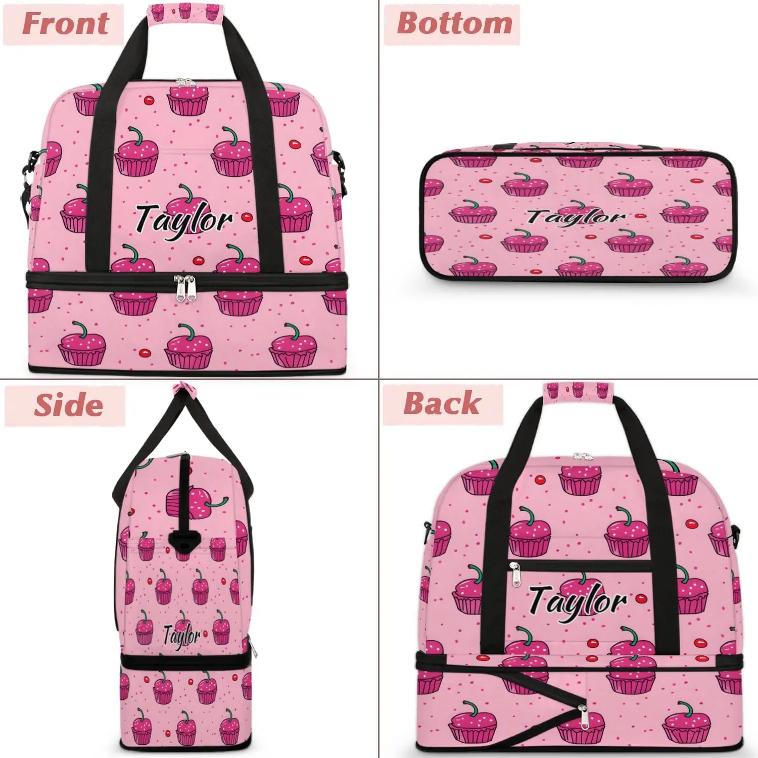 Personalized Duffel Bag with Name, Custom Cupcakes Travel Sports Gym Yoga Beach Bag Customized Weekender Overnight Bag with Shoes Compartment for Women, Sweets