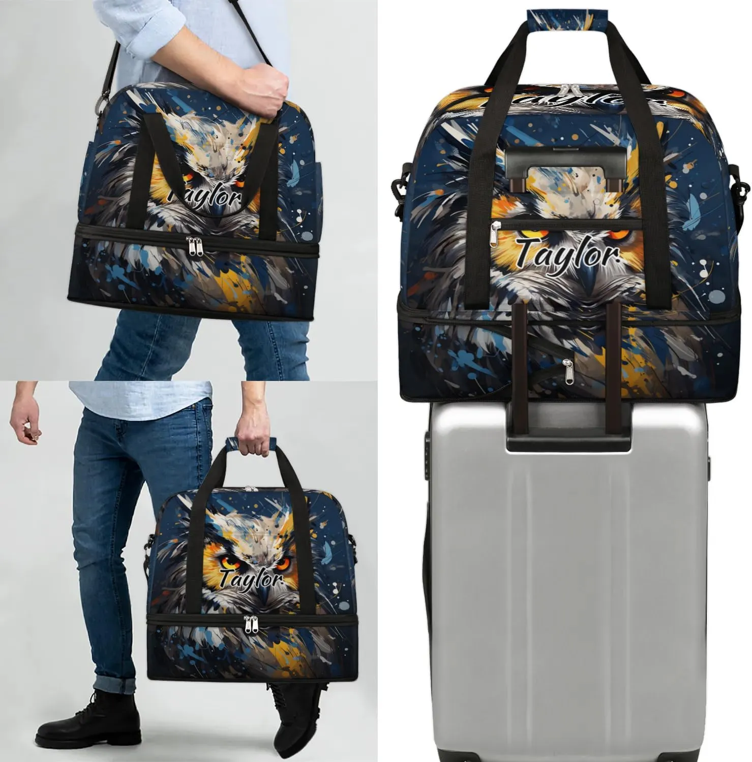 Personalized Duffel Bag with Name, Custom Cute Owl Travel Sports Gym Yoga Beach Bag Customized Weekender Overnight Bag with Shoes Compartment for Women, Animals Owl