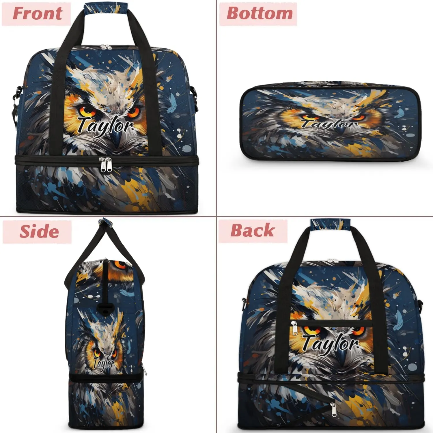 Personalized Duffel Bag with Name, Custom Cute Owl Travel Sports Gym Yoga Beach Bag Customized Weekender Overnight Bag with Shoes Compartment for Women, Animals Owl