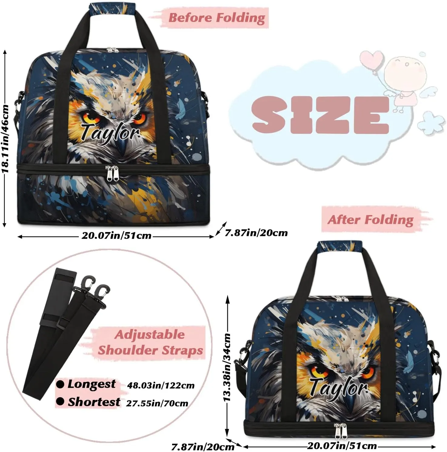 Personalized Duffel Bag with Name, Custom Cute Owl Travel Sports Gym Yoga Beach Bag Customized Weekender Overnight Bag with Shoes Compartment for Women, Animals Owl