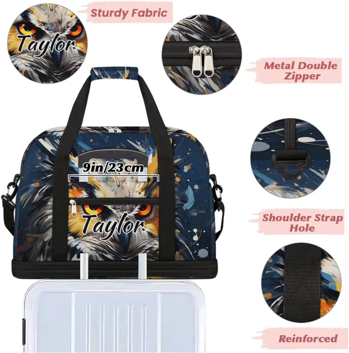 Personalized Duffel Bag with Name, Custom Cute Owl Travel Sports Gym Yoga Beach Bag Customized Weekender Overnight Bag with Shoes Compartment for Women, Animals Owl
