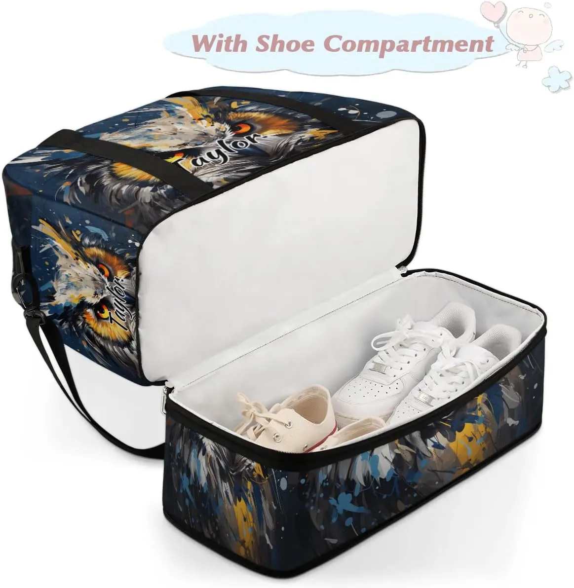 Personalized Duffel Bag with Name, Custom Cute Owl Travel Sports Gym Yoga Beach Bag Customized Weekender Overnight Bag with Shoes Compartment for Women, Animals Owl