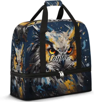 Personalized Duffel Bag with Name, Custom Cute Owl Travel Sports Gym Yoga Beach Bag Customized Weekender Overnight Bag with Shoes Compartment for Women, Animals Owl