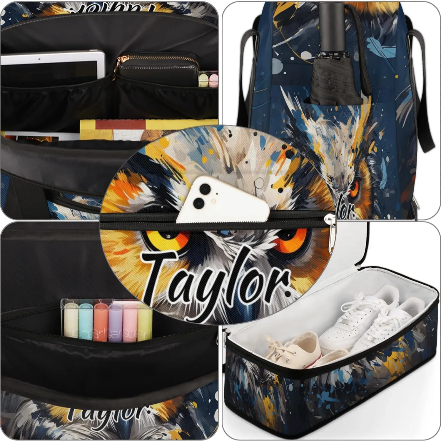 Personalized Duffel Bag with Name, Custom Cute Owl Travel Sports Gym Yoga Beach Bag Customized Weekender Overnight Bag with Shoes Compartment for Women, Animals Owl