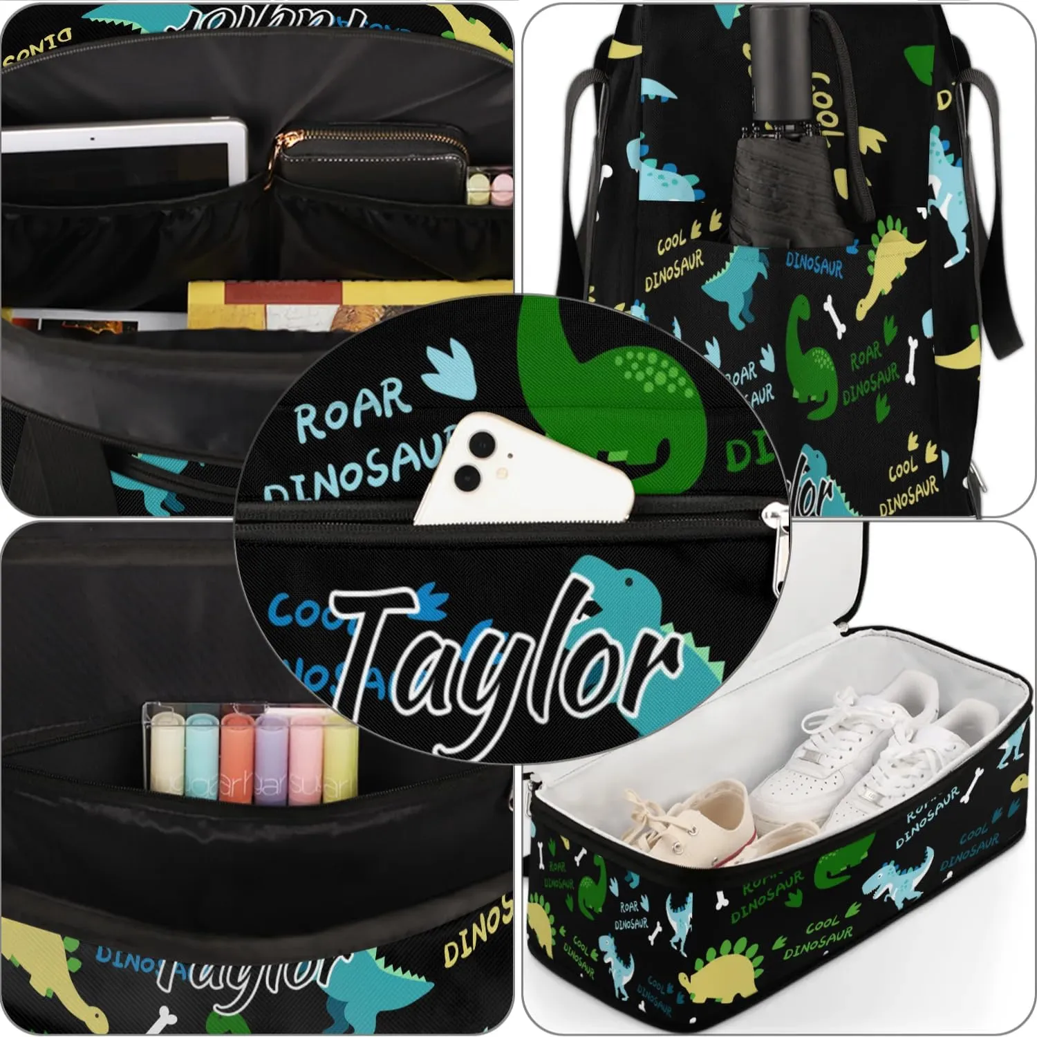 Personalized Duffel Bag with Name, Custom Dinosaur Pattern Travel Sports Gym Yoga Beach Bag Customized Weekender Overnight Bag with Shoes Compartment for Women, Dinosaurs