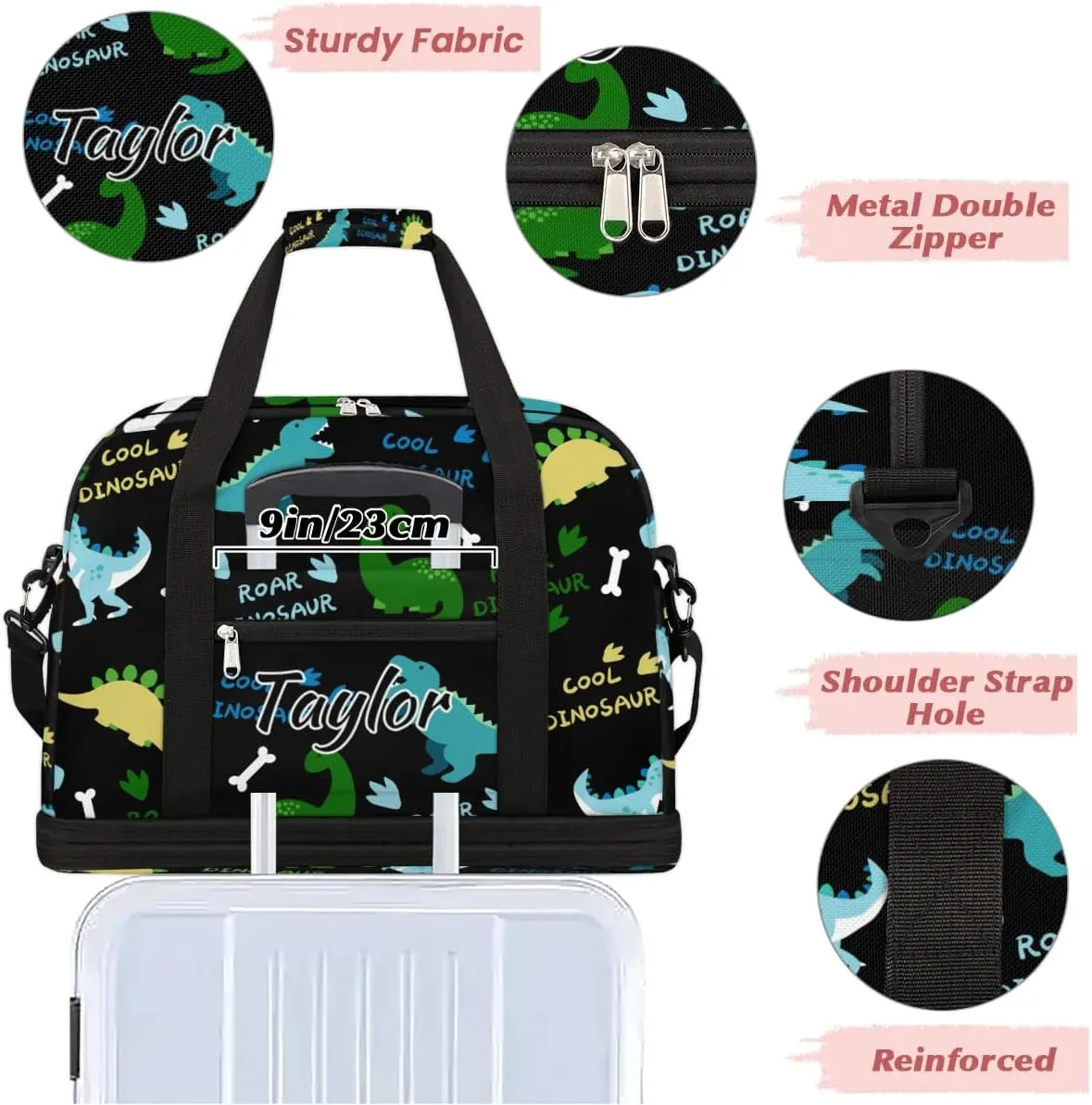 Personalized Duffel Bag with Name, Custom Dinosaur Pattern Travel Sports Gym Yoga Beach Bag Customized Weekender Overnight Bag with Shoes Compartment for Women, Dinosaurs