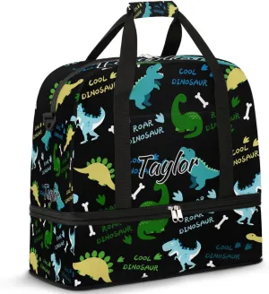 Personalized Duffel Bag with Name, Custom Dinosaur Pattern Travel Sports Gym Yoga Beach Bag Customized Weekender Overnight Bag with Shoes Compartment for Women, Dinosaurs