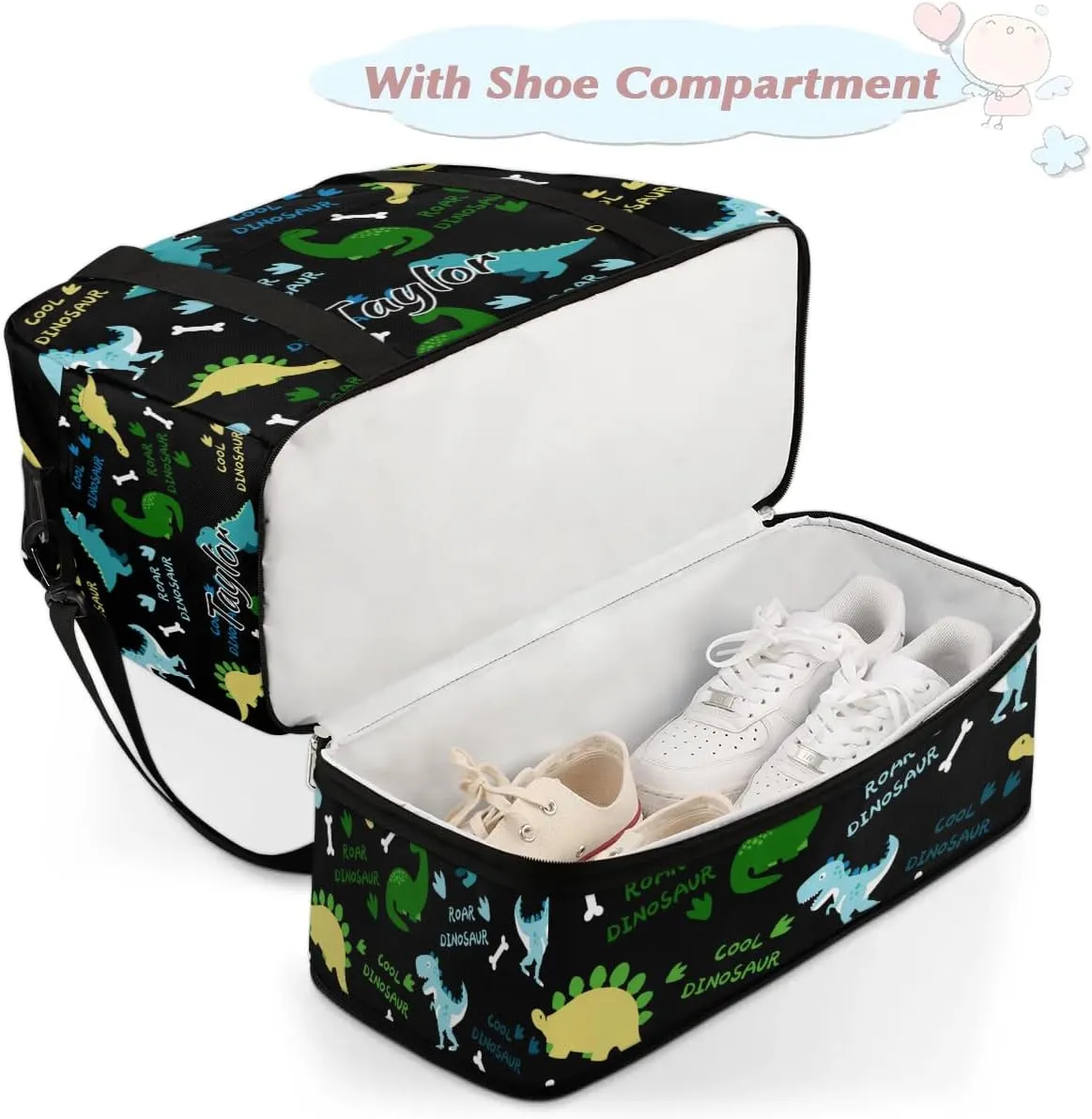 Personalized Duffel Bag with Name, Custom Dinosaur Pattern Travel Sports Gym Yoga Beach Bag Customized Weekender Overnight Bag with Shoes Compartment for Women, Dinosaurs