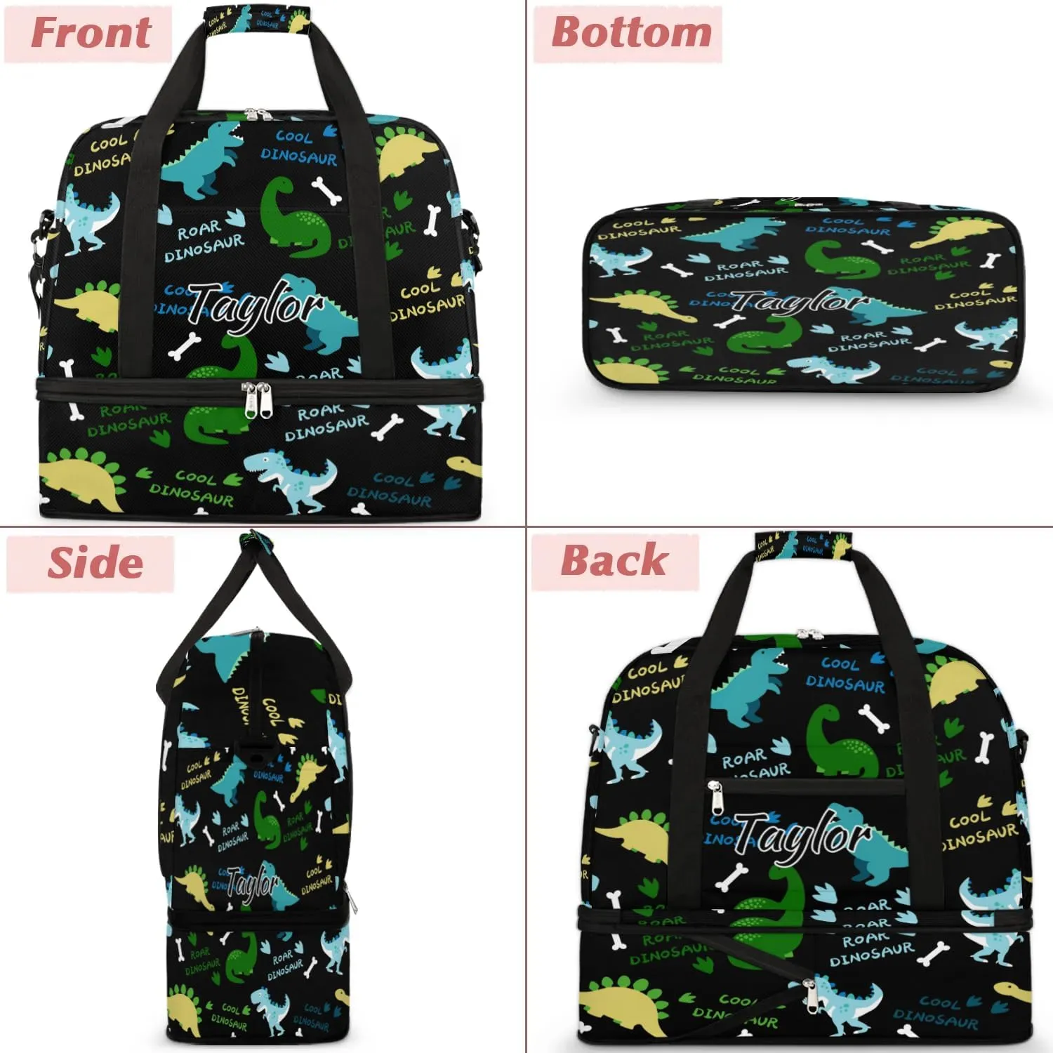 Personalized Duffel Bag with Name, Custom Dinosaur Pattern Travel Sports Gym Yoga Beach Bag Customized Weekender Overnight Bag with Shoes Compartment for Women, Dinosaurs