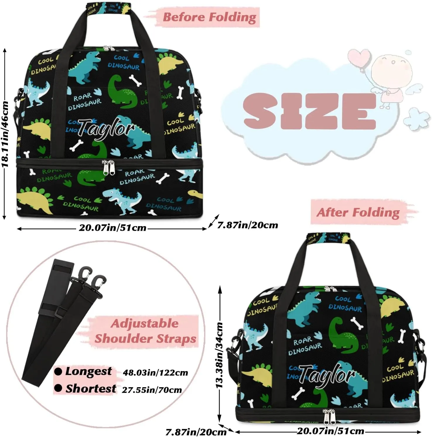 Personalized Duffel Bag with Name, Custom Dinosaur Pattern Travel Sports Gym Yoga Beach Bag Customized Weekender Overnight Bag with Shoes Compartment for Women, Dinosaurs