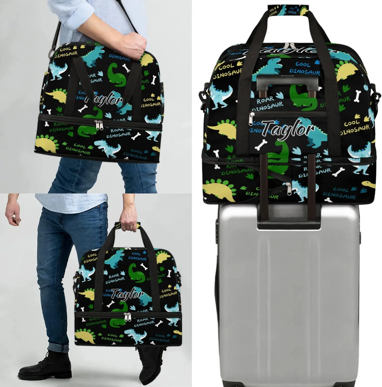 Personalized Duffel Bag with Name, Custom Dinosaur Pattern Travel Sports Gym Yoga Beach Bag Customized Weekender Overnight Bag with Shoes Compartment for Women, Dinosaurs