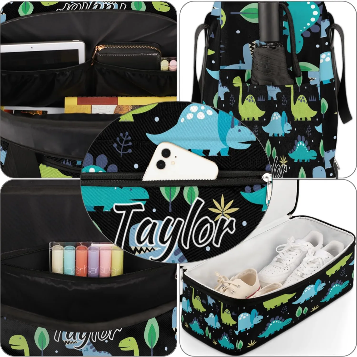Personalized Duffel Bag with Name, Custom Dinosaur Travel Sports Gym Yoga Beach Bag Customized Weekender Overnight Bag with Shoes Compartment for Women, Animals