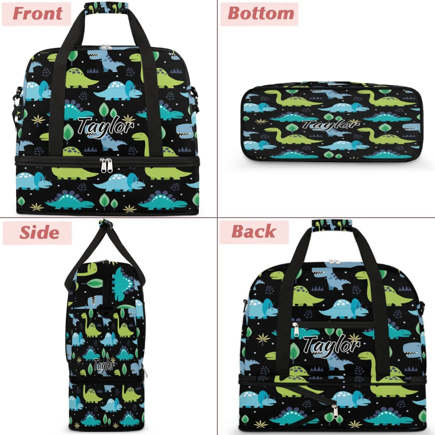 Personalized Duffel Bag with Name, Custom Dinosaur Travel Sports Gym Yoga Beach Bag Customized Weekender Overnight Bag with Shoes Compartment for Women, Animals