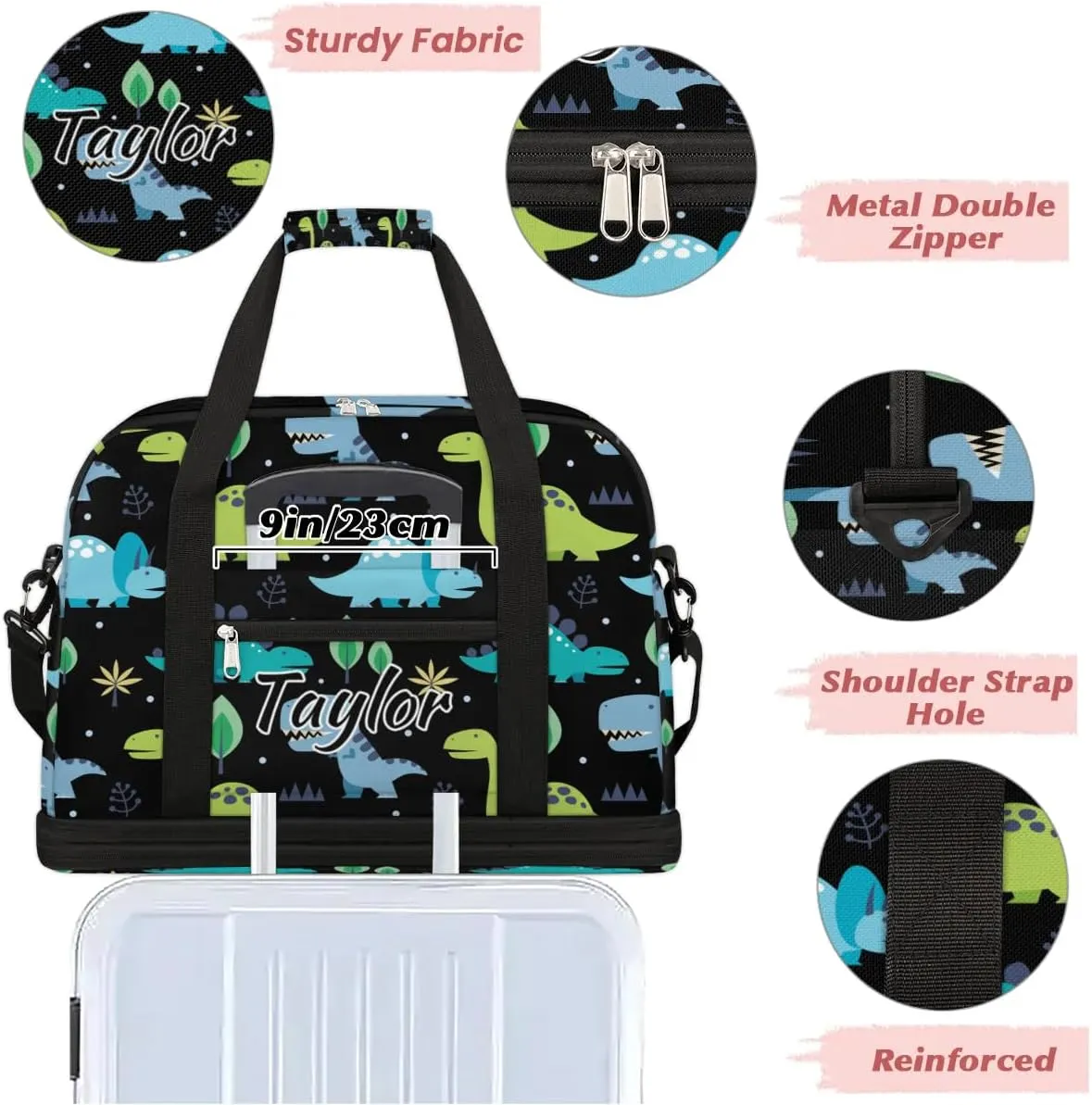 Personalized Duffel Bag with Name, Custom Dinosaur Travel Sports Gym Yoga Beach Bag Customized Weekender Overnight Bag with Shoes Compartment for Women, Animals