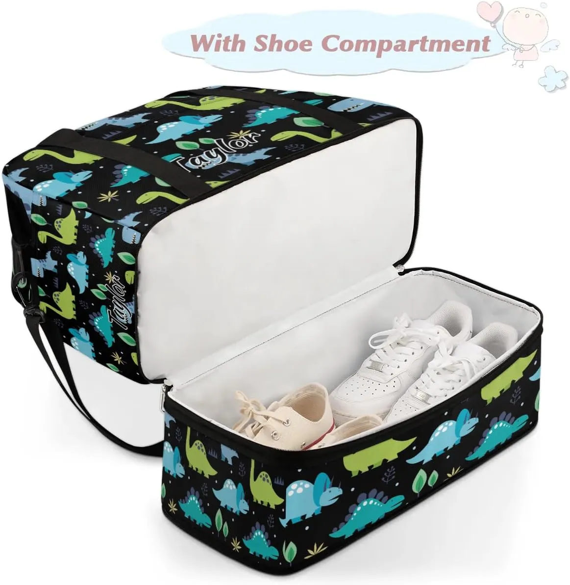 Personalized Duffel Bag with Name, Custom Dinosaur Travel Sports Gym Yoga Beach Bag Customized Weekender Overnight Bag with Shoes Compartment for Women, Animals