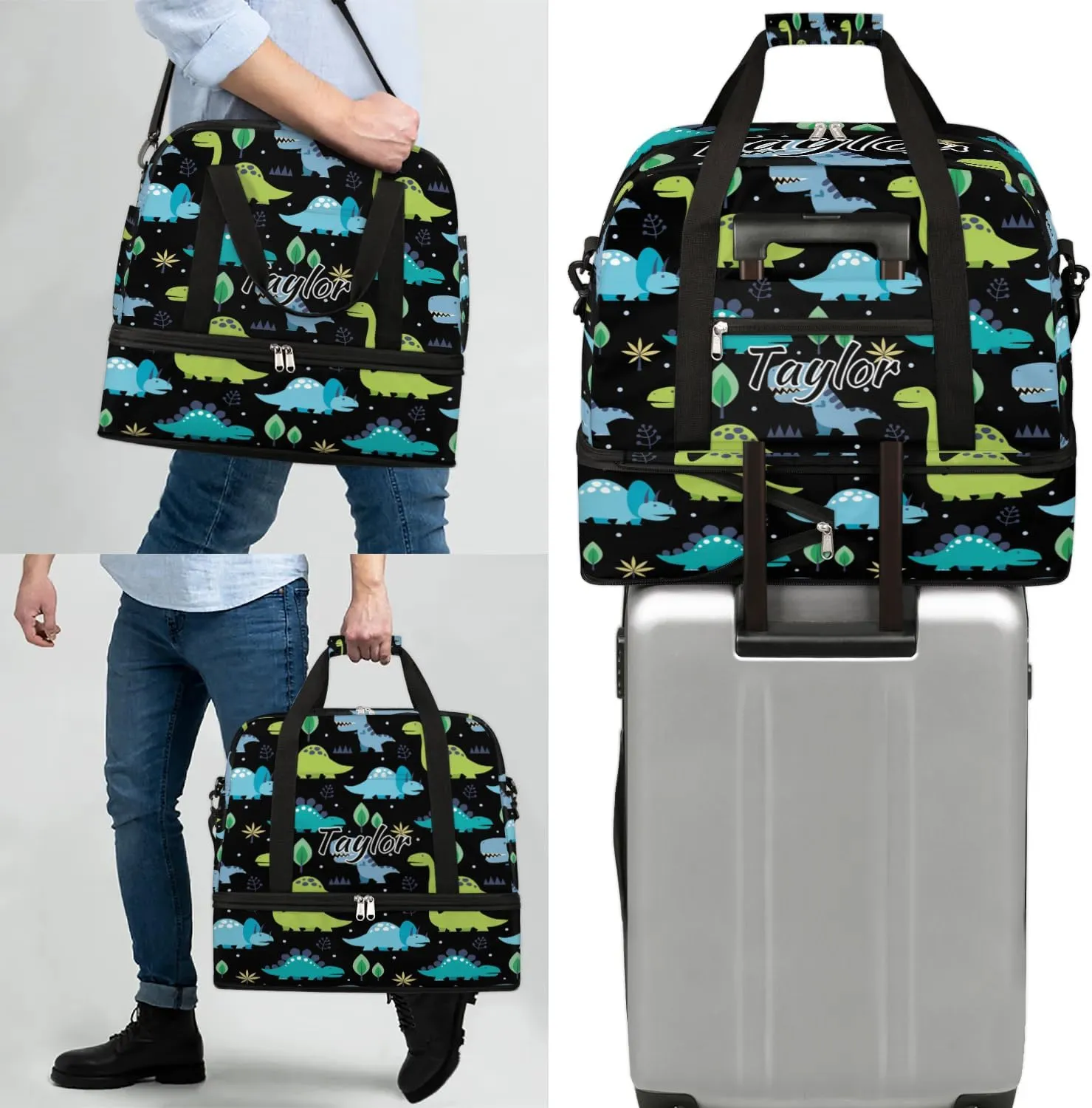 Personalized Duffel Bag with Name, Custom Dinosaur Travel Sports Gym Yoga Beach Bag Customized Weekender Overnight Bag with Shoes Compartment for Women, Animals