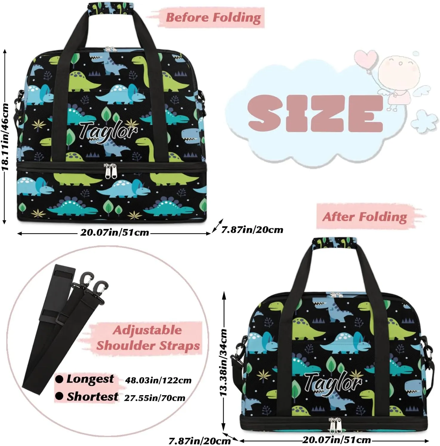 Personalized Duffel Bag with Name, Custom Dinosaur Travel Sports Gym Yoga Beach Bag Customized Weekender Overnight Bag with Shoes Compartment for Women, Animals