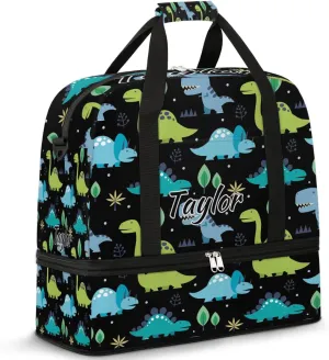 Personalized Duffel Bag with Name, Custom Dinosaur Travel Sports Gym Yoga Beach Bag Customized Weekender Overnight Bag with Shoes Compartment for Women, Animals