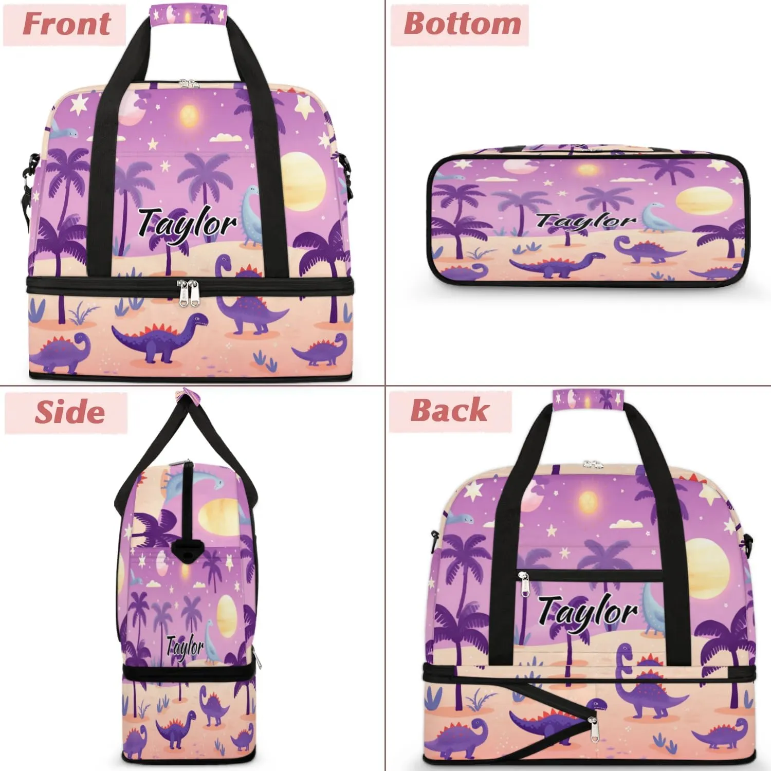 Personalized Duffel Bag with Name, Custom Dinosaur Travel Sports Gym Yoga Beach Bag Customized Weekender Overnight Bag with Shoes Compartment for Women, Dinosaurs