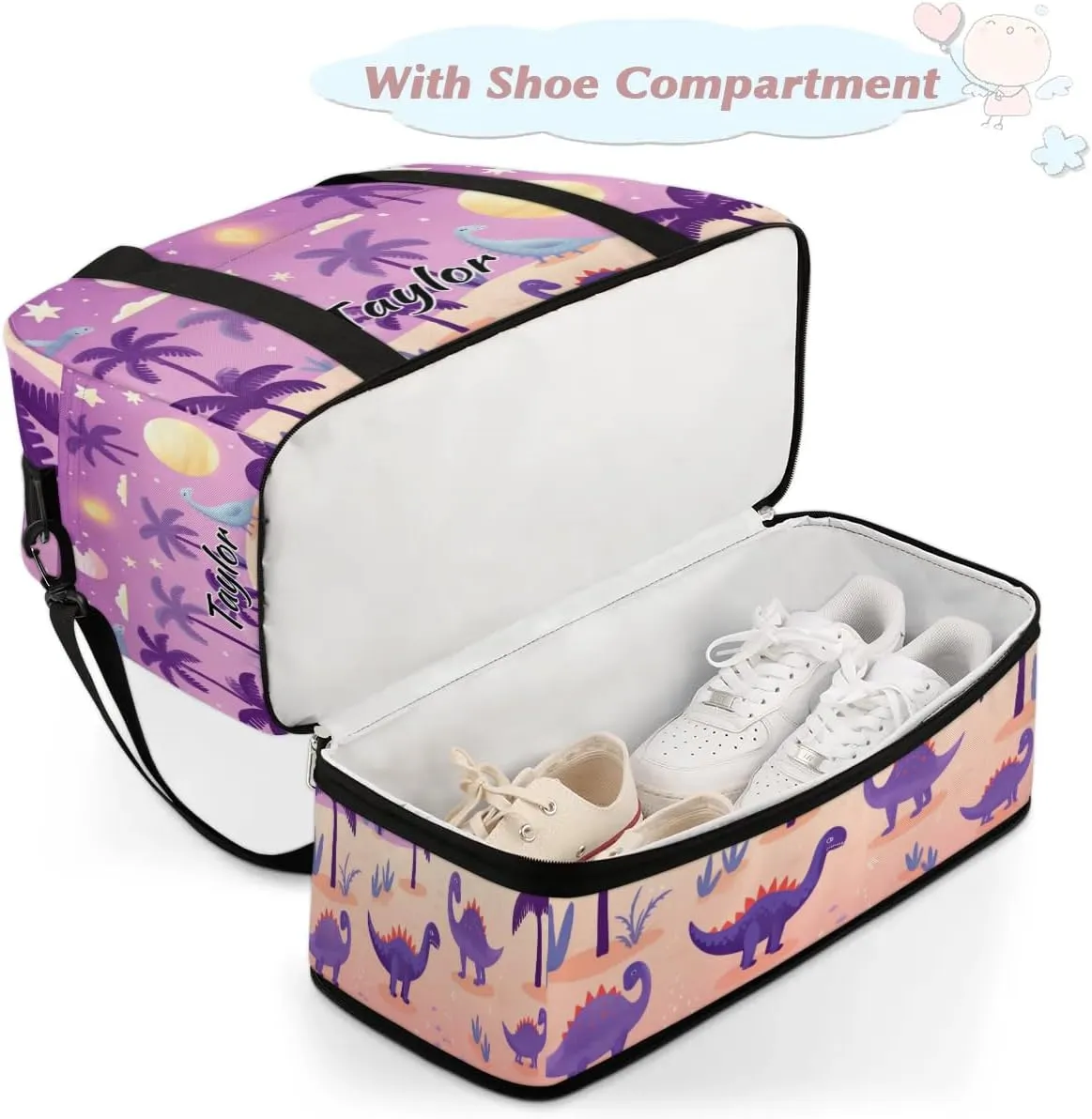 Personalized Duffel Bag with Name, Custom Dinosaur Travel Sports Gym Yoga Beach Bag Customized Weekender Overnight Bag with Shoes Compartment for Women, Dinosaurs