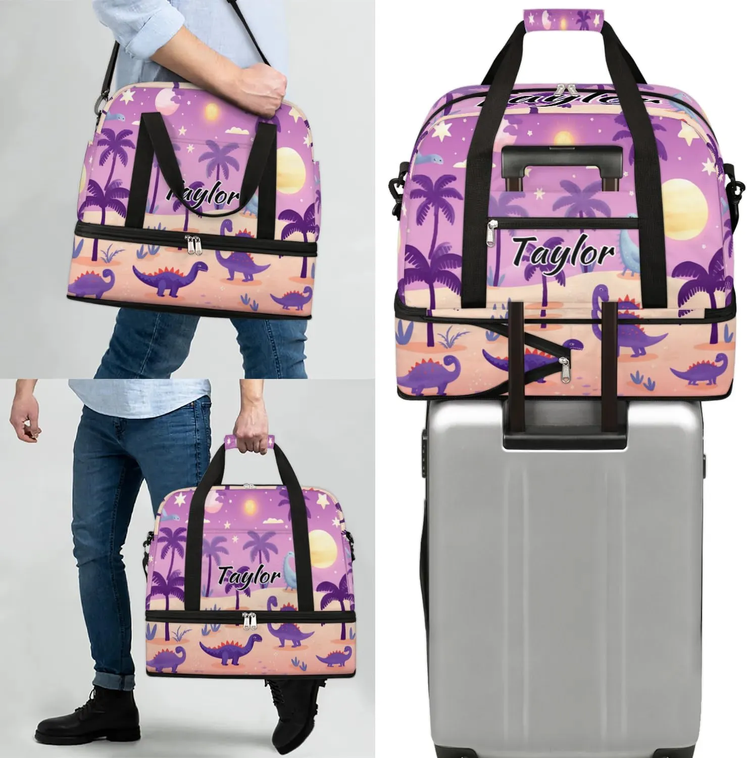 Personalized Duffel Bag with Name, Custom Dinosaur Travel Sports Gym Yoga Beach Bag Customized Weekender Overnight Bag with Shoes Compartment for Women, Dinosaurs