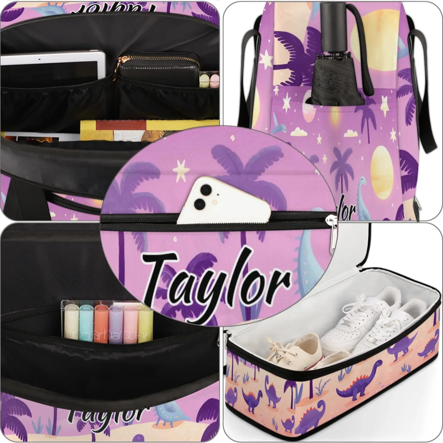 Personalized Duffel Bag with Name, Custom Dinosaur Travel Sports Gym Yoga Beach Bag Customized Weekender Overnight Bag with Shoes Compartment for Women, Dinosaurs