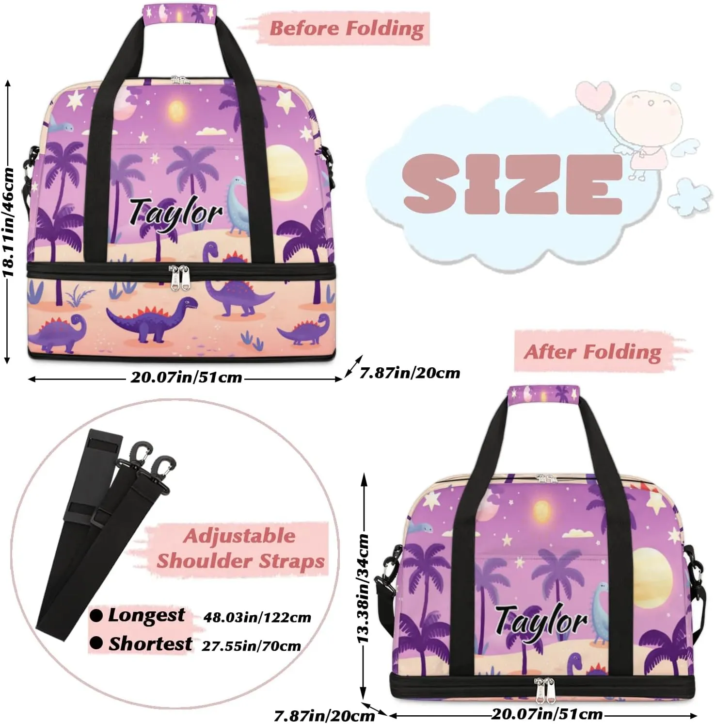 Personalized Duffel Bag with Name, Custom Dinosaur Travel Sports Gym Yoga Beach Bag Customized Weekender Overnight Bag with Shoes Compartment for Women, Dinosaurs