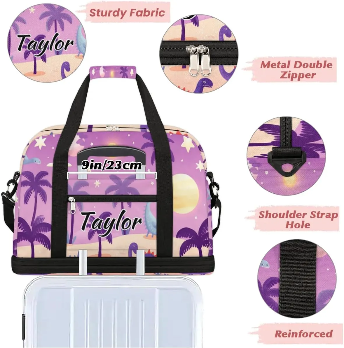 Personalized Duffel Bag with Name, Custom Dinosaur Travel Sports Gym Yoga Beach Bag Customized Weekender Overnight Bag with Shoes Compartment for Women, Dinosaurs