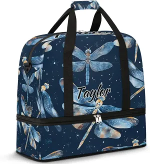 Personalized Duffel Bag with Name, Custom Dragonflies Travel Sports Gym Yoga Beach Bag Customized Weekender Overnight Bag with Shoes Compartment for Women, Dragonfly