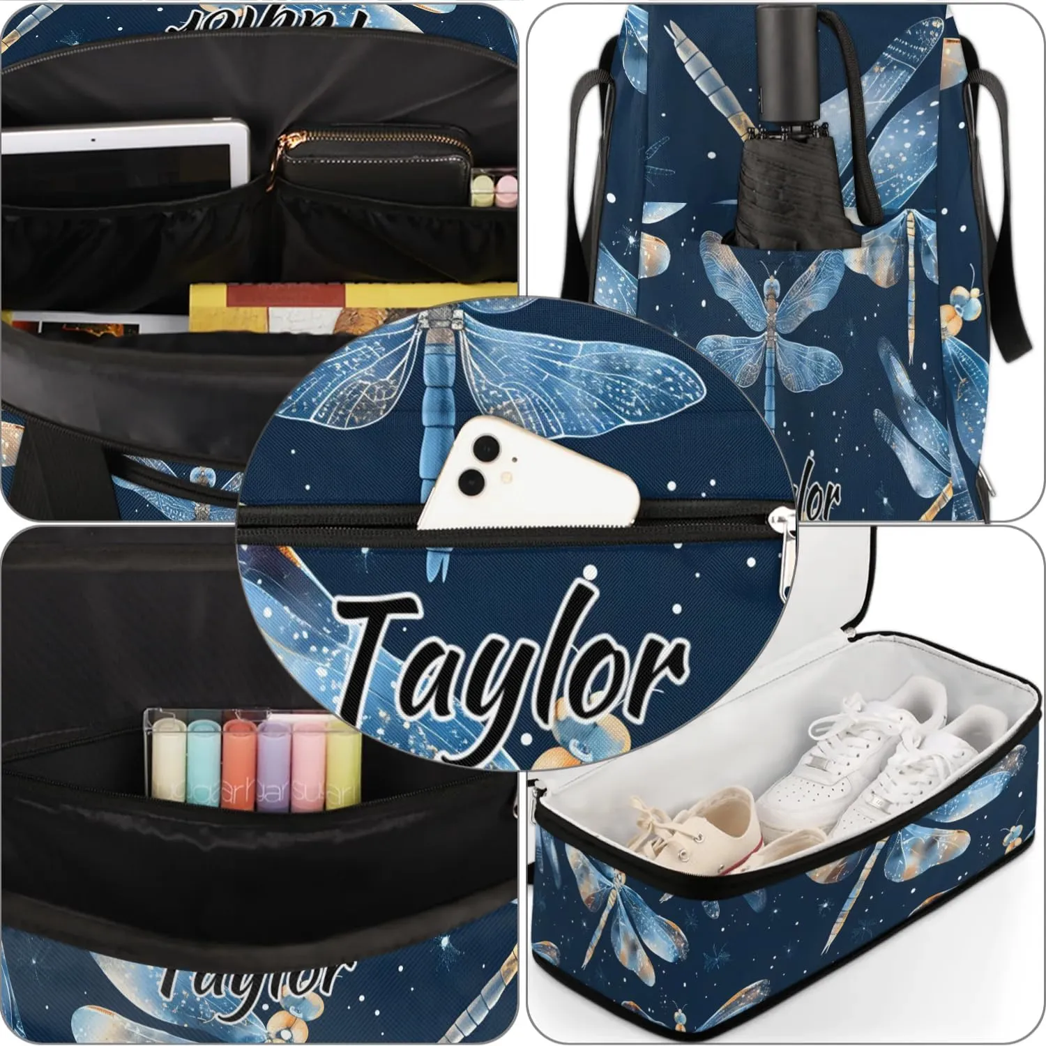 Personalized Duffel Bag with Name, Custom Dragonflies Travel Sports Gym Yoga Beach Bag Customized Weekender Overnight Bag with Shoes Compartment for Women, Dragonfly